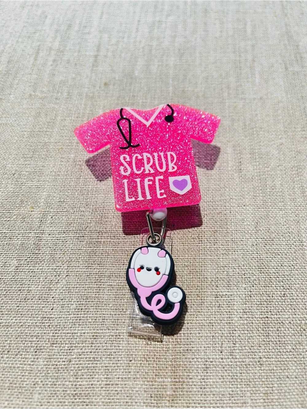 Pink 'Scrub Life' Nurse Badge Retractable Reel with Stethoscope Charm